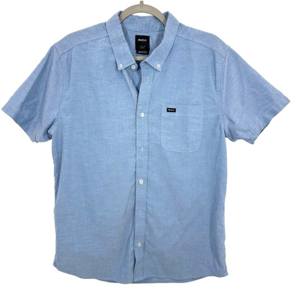 RVCA Mens Light Blue Short Sleeve Button Down Slim Fit Shirt L Casual Vacation